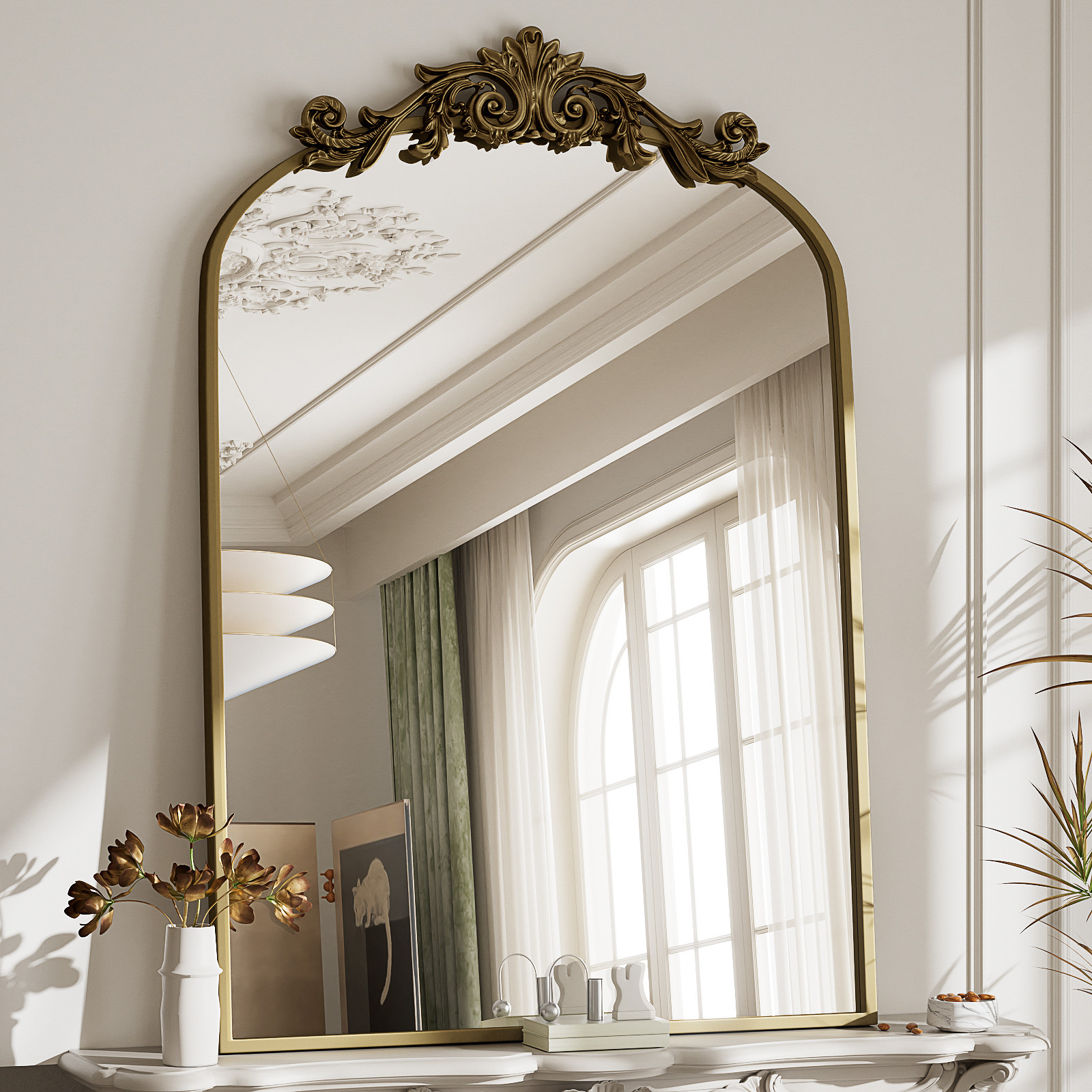 HARRITPURE 30"x42" Arched Vanity Bathroom Mirror Decorative Baroque Style Wall Mirror, Antique Br... | Walmart (US)