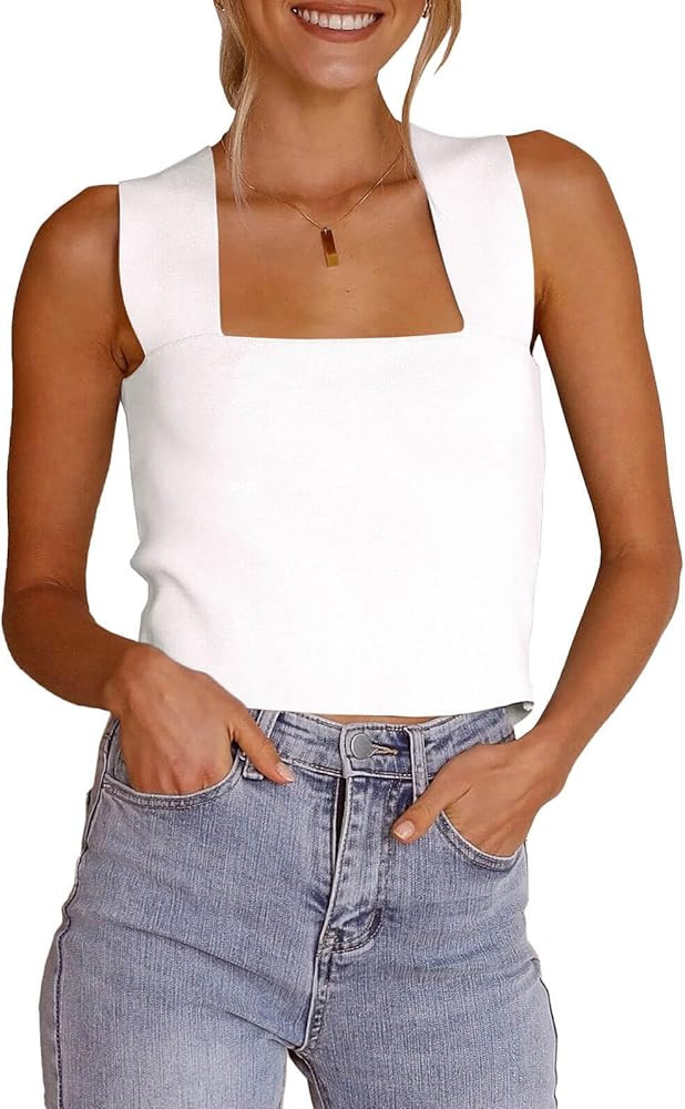 Zwurew Women's Knit Square Neck Tank Tops 2025 Summer Casual Sleeveless Sweater Fitted Shirts Tan... | Amazon (US)