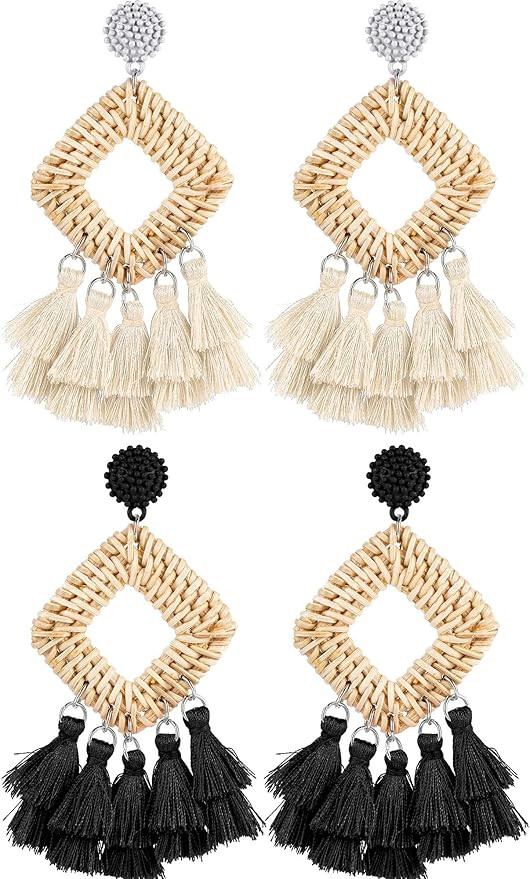 2 Pairs Rattan Tassel Earrings Bohemian Statement Woven Dangle Fringe Earrings Ethnic Tassel Drop... | Amazon (US)