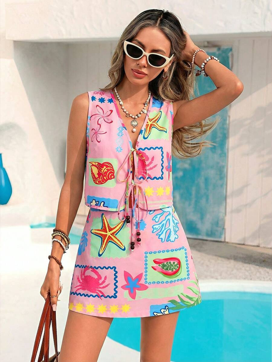 Vivid Eden Women's Marine Life Print Tie Front Camisole And Vacation Mini Skirt 2 Pieces Set | SHEIN