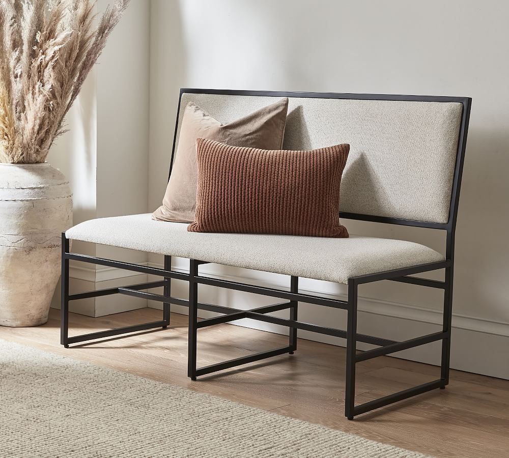Hardy Upholstered Bench with Back, Bronze, Performance Boucle Oatmeal - ADA | Pottery Barn (US)