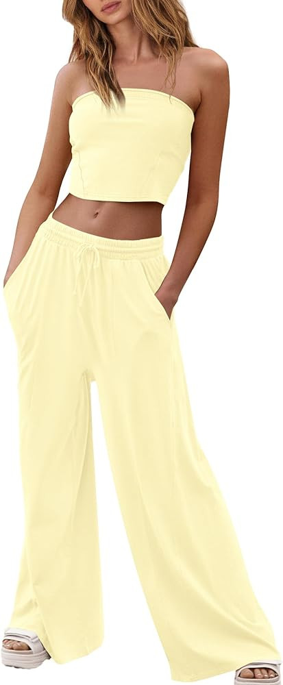 Yanekop Womens Tube Top Set 2 piece outfits Summer Wide Leg Sweatpants Two Piece Lounge Set Cropp... | Amazon (US)