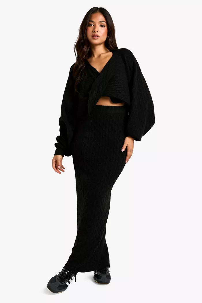 Petite Soft Cable Twist Front Crop Sweater And Maxi Skirt Set | boohoo (US & Canada)