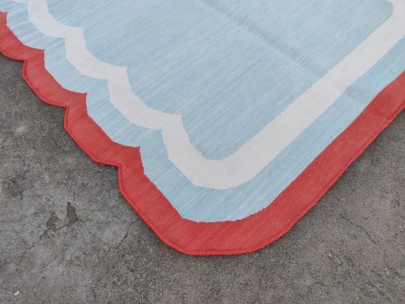 Modern Handmade Cotton Area Flat Weave Rug, Natural Vegetable Dyed, Sky Blue And Red Scalloped In... | Etsy (US)