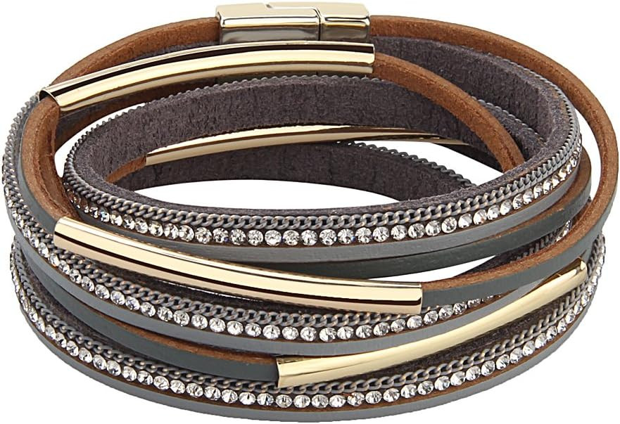 TASBERN Casual Women Leather Bracelet Crystal Metal Tube Wrap Cuff Bangle with Magnetic Clasp for... | Amazon (US)