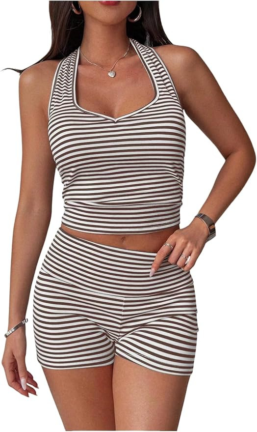 GORGLITTER Women's Striped Matching Set Y2k Cute Halter Top Mini Shorts Outfit Sexy Trendy Summer... | Amazon (US)