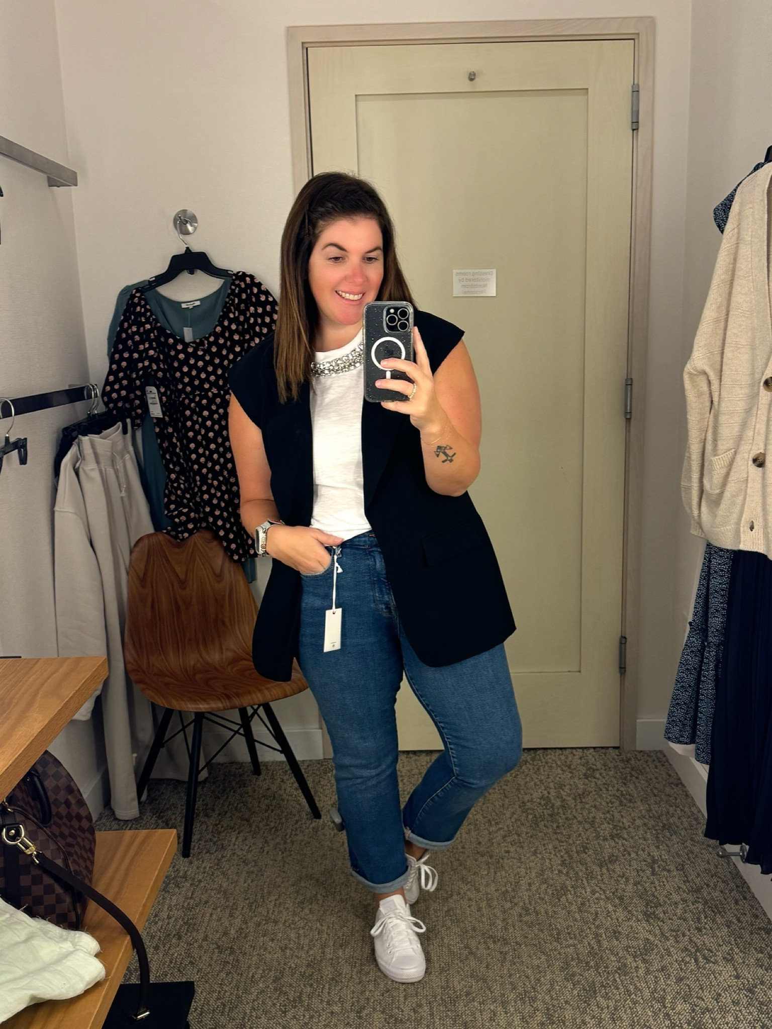 My sales associate at the Nsale put this look together and I was obsessed when I saw it! The rhinestone tank is from CinqaSept and is just gorgeous! The long vest is one that can be dressed up or down and would be cute from the office to the coffee shop! You can never go wrong with the denim, the fit is just so good! All pieces runs stats and I will link them all! 

#LTKSummerSales #LTKxNSale #LTKSaleAlert
