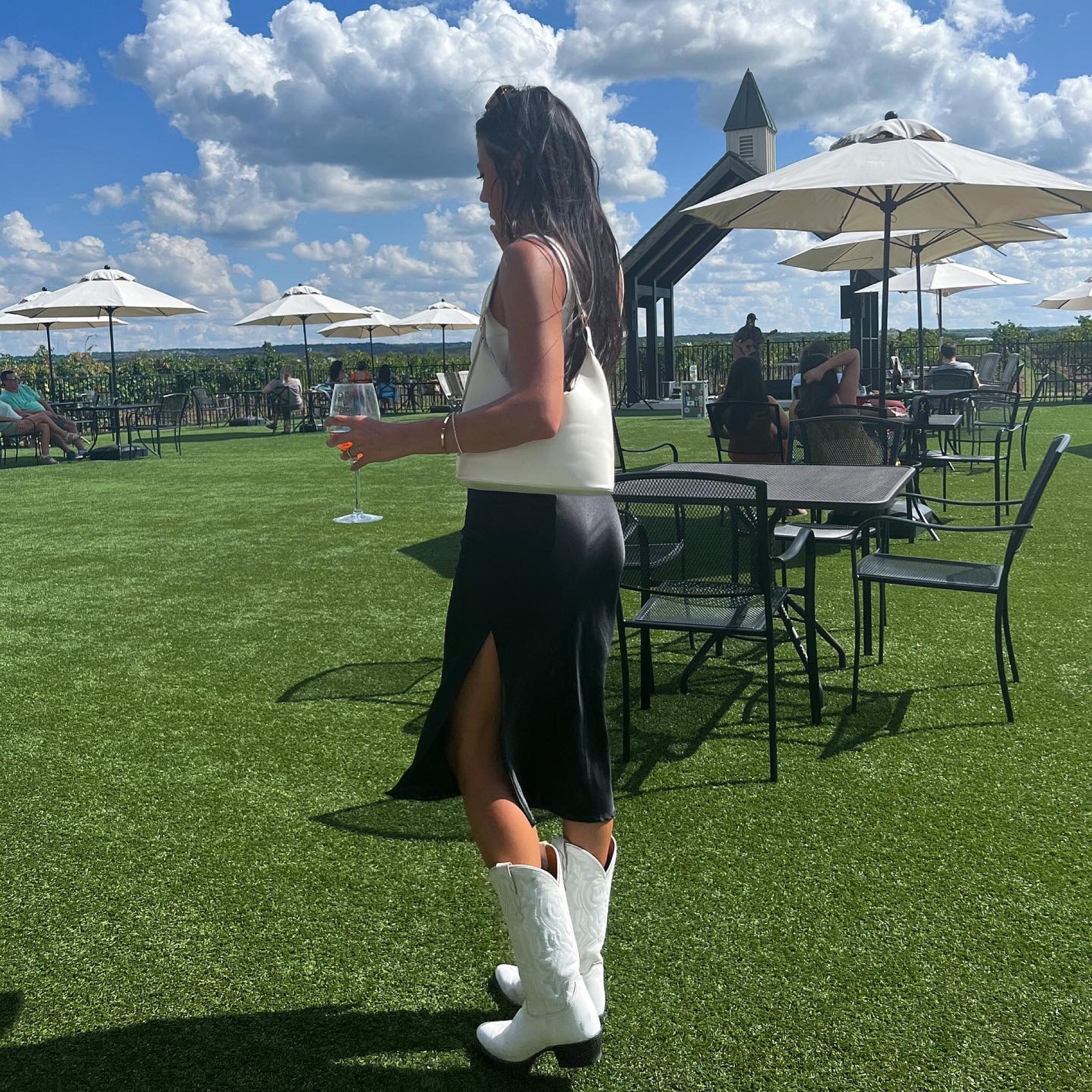 Cowboy boot outfit, black midi skirt, black skirt outfit, white crop top outfit, cowgirl aesthetic 

#LTKU #LTKGiftGuide #LTKCyberweek