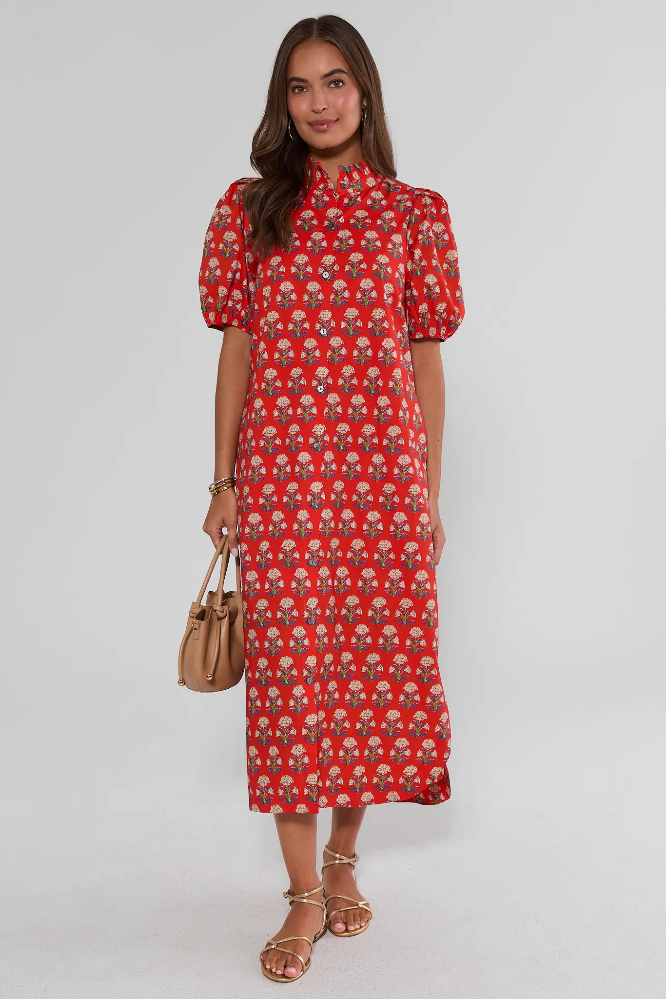 Red Block Print Button Up Midi Dress | Avara