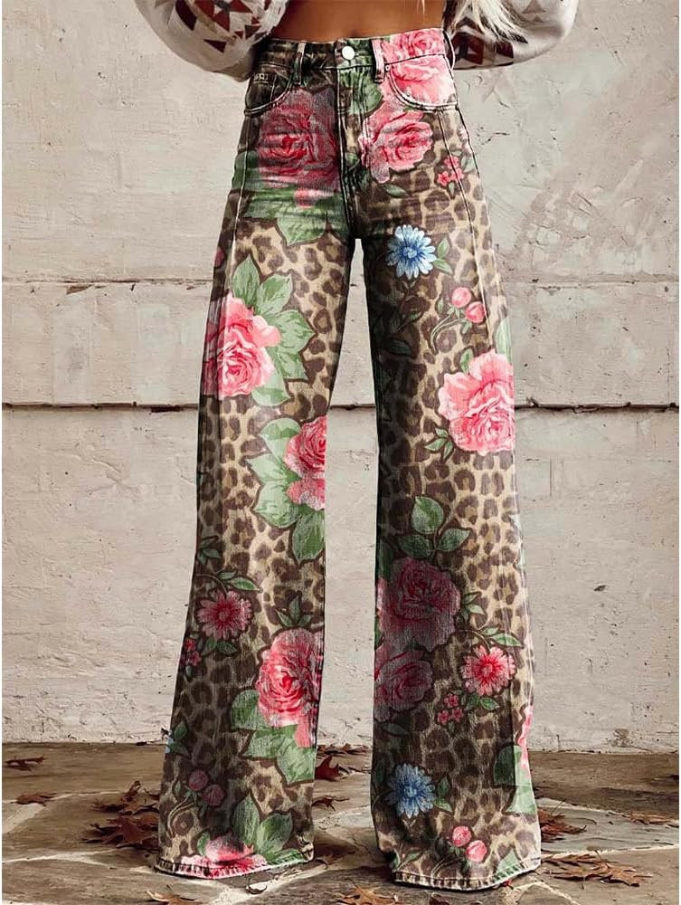 Women's Flare Bootcut Jeans Low Rise Wide Leg Baggy Stretch Denim Palazzo Pants Casual Boho Floral Print Bell Bottoms | Amazon (US)