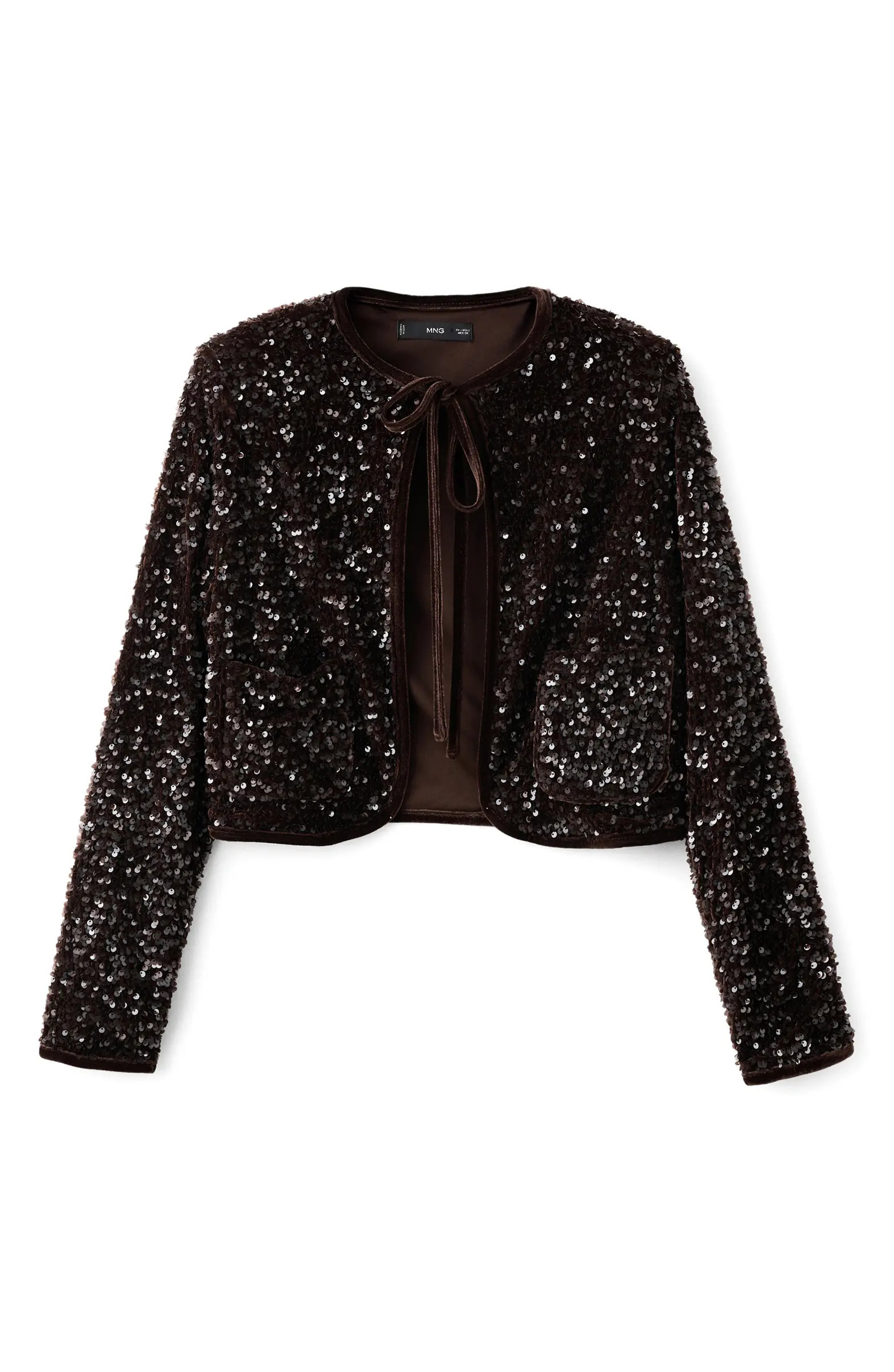 MANGO Sequin Velvet Tie Neck Jacket | Nordstrom | Nordstrom