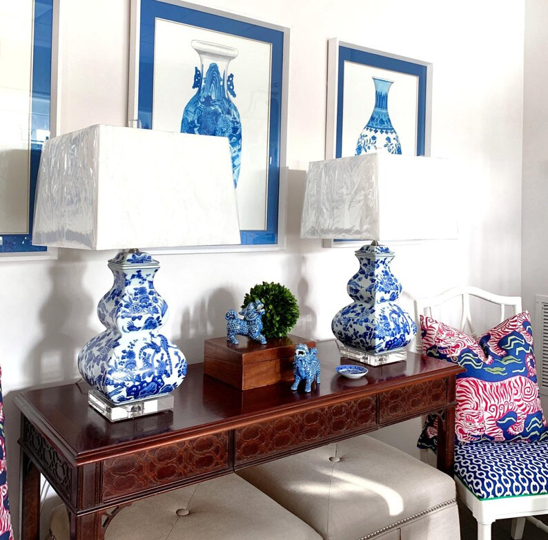 Blue and White Chinoiserie Square Gourd Lamp | Etsy (US)