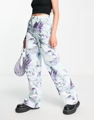 Stradivarius printed dad jean in blue marble print | ASOS (Global)