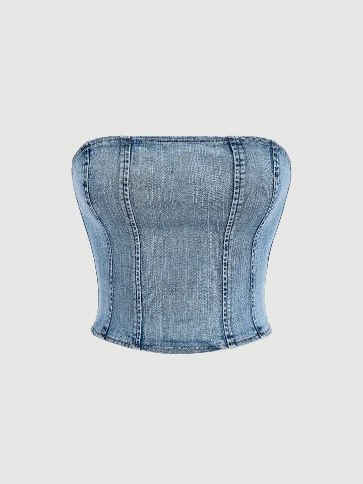 SHEIN MOD Metal Zip Back Topstitching Tube Summer Denim Tube Top | SHEIN