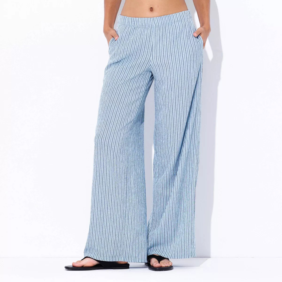 Women's Low-Rise Textured Wide Leg Pull-On Pants - Wild Fable™ Blue Striped S | Target