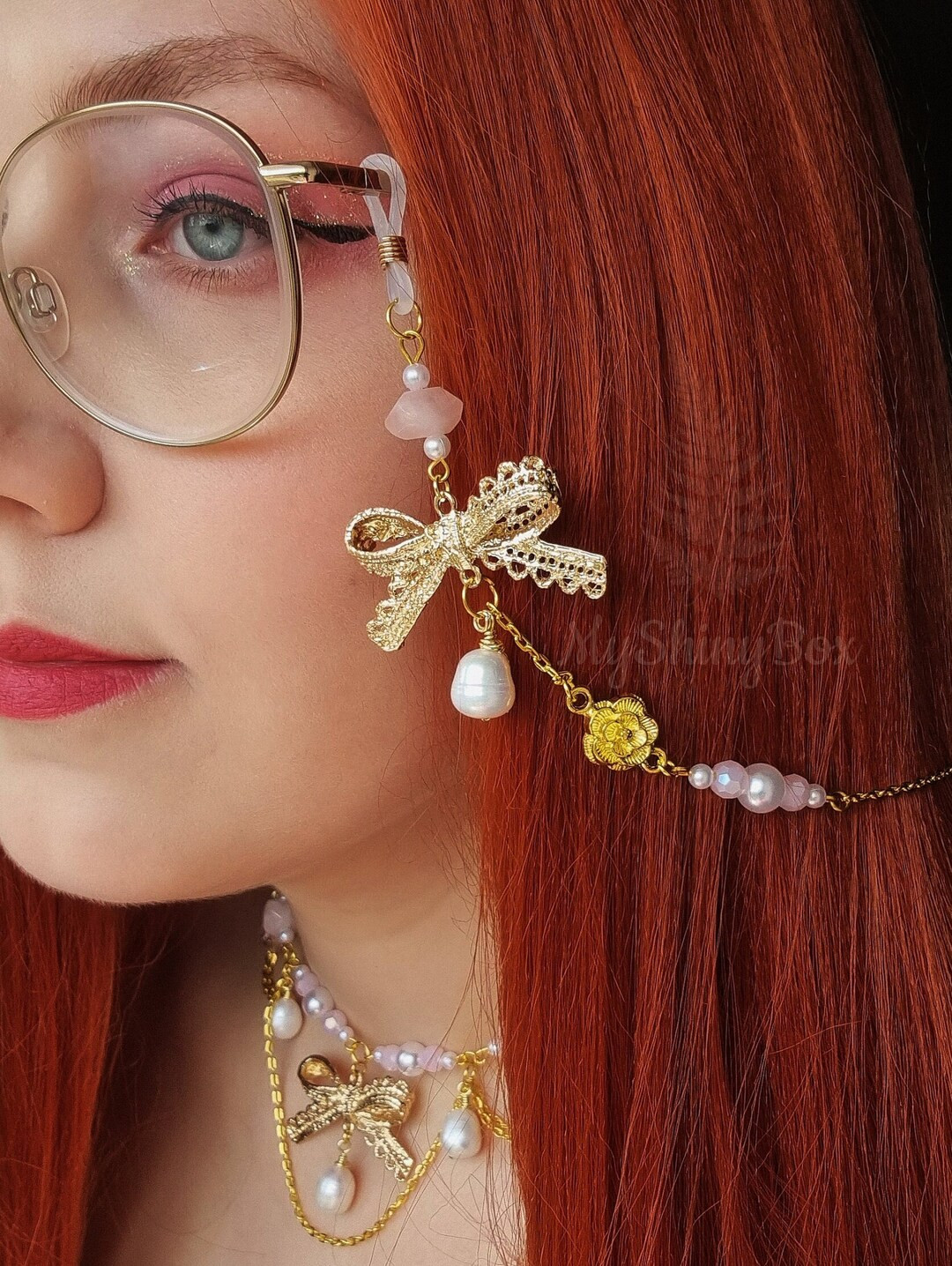 Bow Gemstone Eyeglass Chain, Handcrafted Glasses Chain, Pearl Glasses Chain, Pink Fairy Glasses H... | Etsy (US)