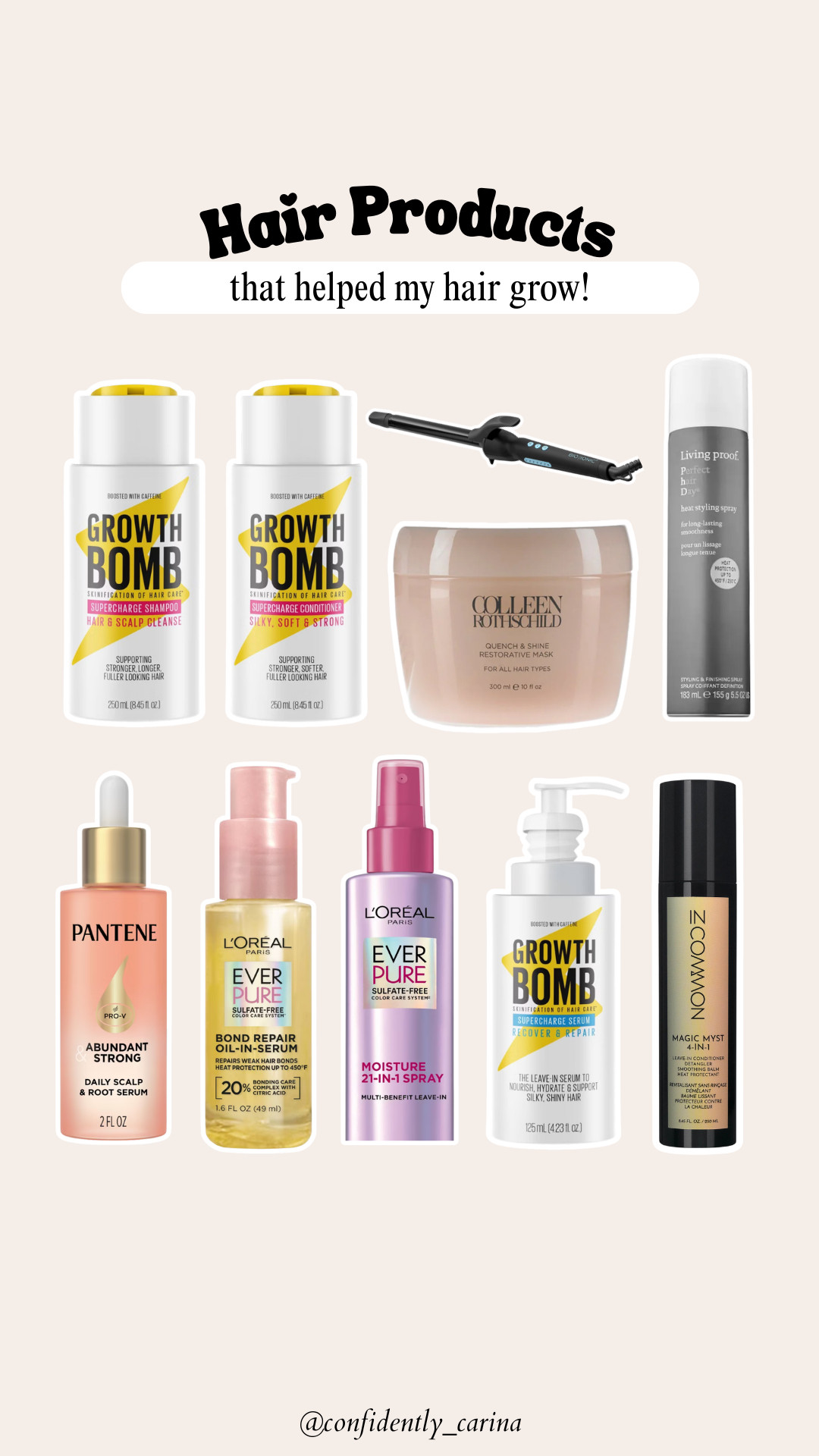 These products have helped my hair grow so long, strong and healthy! The Bioionic curling iron is life changing and has helped me to use so much less heat on my hair because I only need to curl my hair once and the curls last for days. When I do a slick back, I make it a treatment bun — so I use the hair serum on my scalp, the leave-in spray all over my hair and the oil on my ends. I also will use the hair mask from my mid length to ends. The Magic Myst is all I use on my hair after a shower and before a blowout. Use code CARINA to save on InCommon Magic Myst!! 

 #LTKgrwm #LTKBeauty