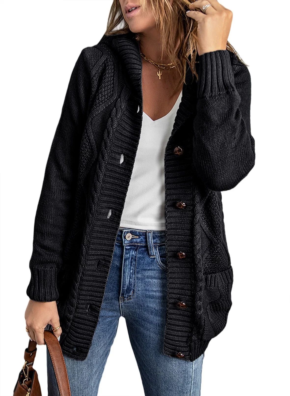 Eytino Hooded Cardigan Sweaters for Women Long Sleeve Button Down Knit Sweater Coat Outwear with ... | Walmart (US)