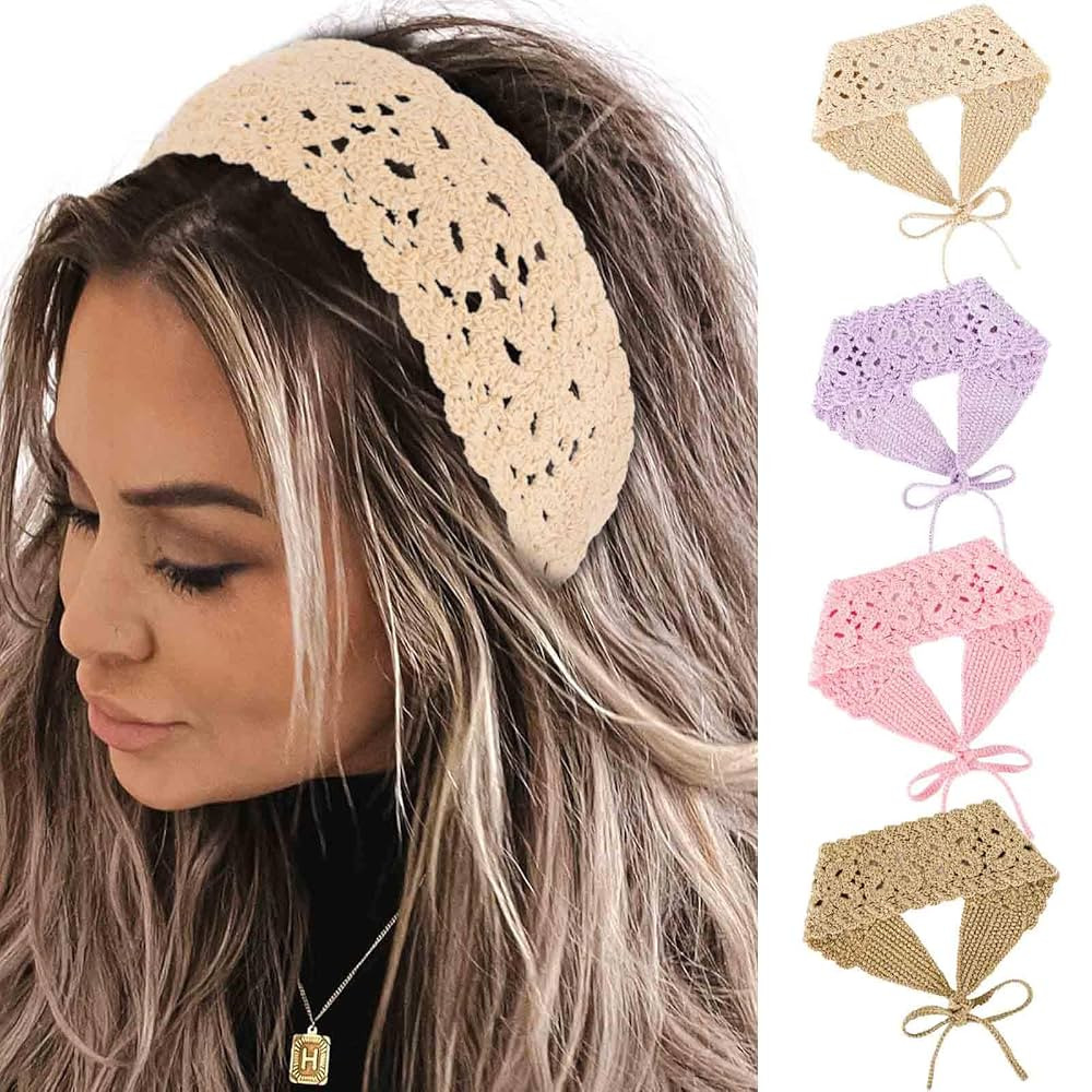 Acenail Crochet Hair Bandanas Women Floral Bandana Headbands Hippie Hair Scarfs Knitted Tie Back ... | Amazon (US)