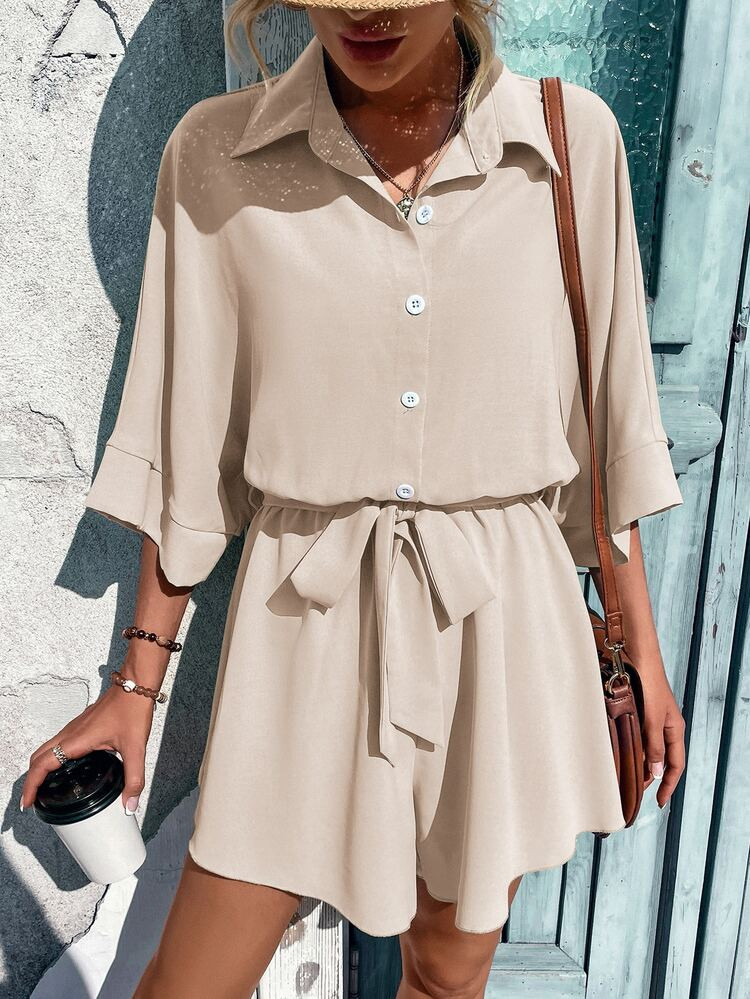 SHEIN VCAY Batwing Sleeve Belted Shirt Romper | SHEIN