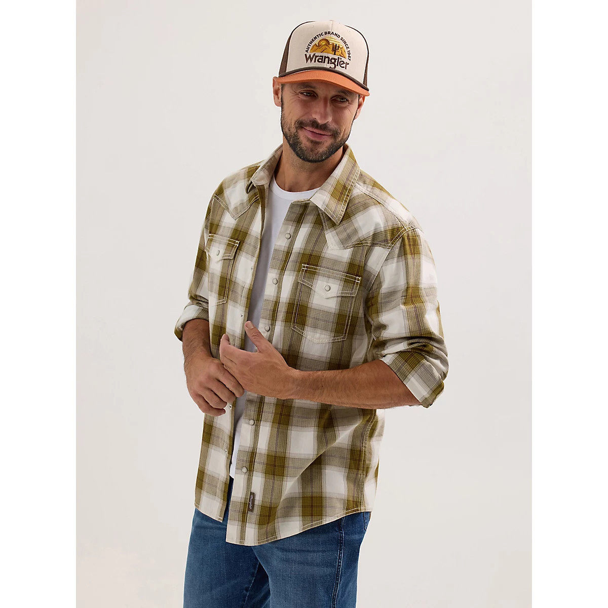 Men's Wrangler Retro® Premium Long Sleeve Western Snap Plaid Shirt in Olive | Wrangler