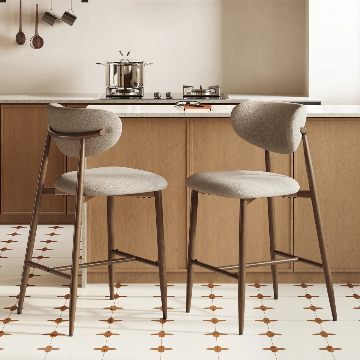 25" Counter Height Upholstered Bar Stool with Metal Frame, Curved Backrest and Footrest (Set of 2... | Wayfair North America