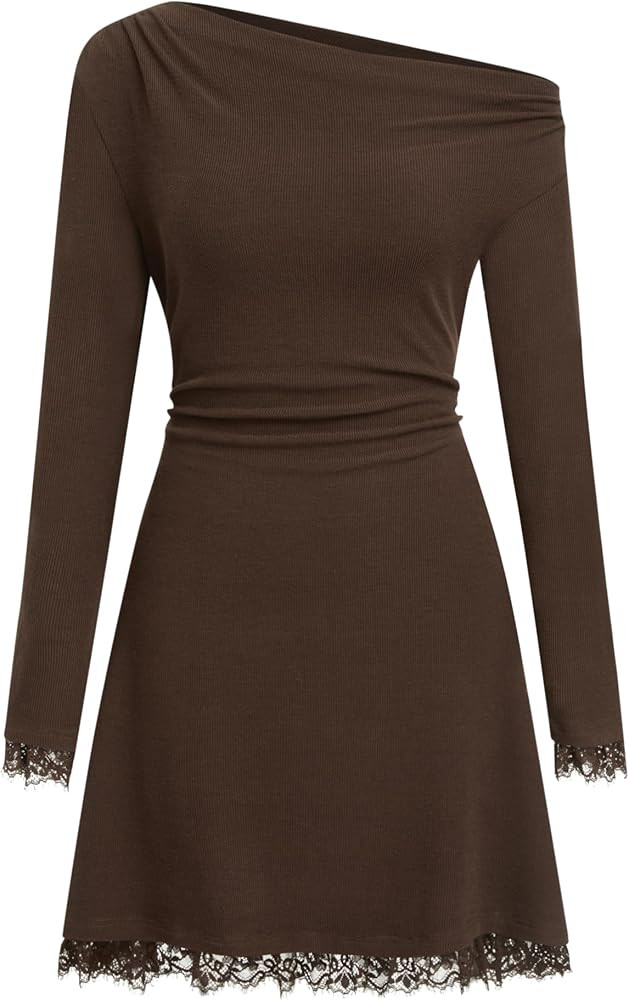 CIDER Women's Off Shoulder Dress Casual Long Sleeve Lace Trim Fall Outfits Grunge Vintage Mini Dr... | Amazon (US)