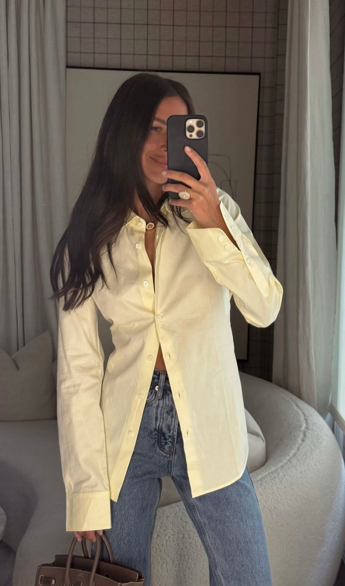 Last night’s outfit was butter yellow 💛 Top is Prada, ring is CVC stones, and necklace is Jenna Blake but linked similar.