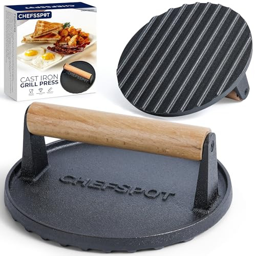 CHEFSPOT Cast Iron Pan Burger Press - Smash Burger Press Griddle Accessories - Round, Non-Stick Hamburger Press with Heat Resistant Wood Handle for Perfectly Seared Bacon, Steak & Sandwiches | Amazon (US)