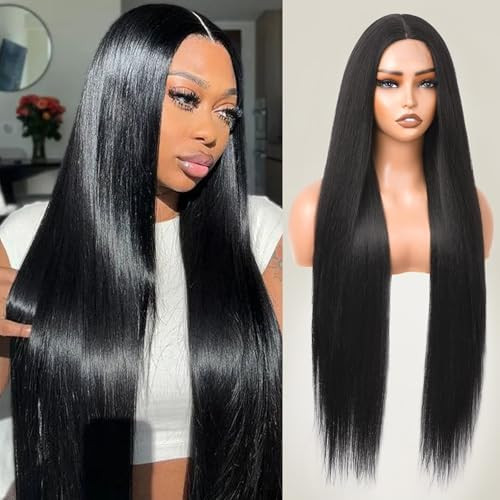 Long Straight Black Wigs for Women Glueless Synthetic Wig Middle Part 32 Inch | Amazon (US)