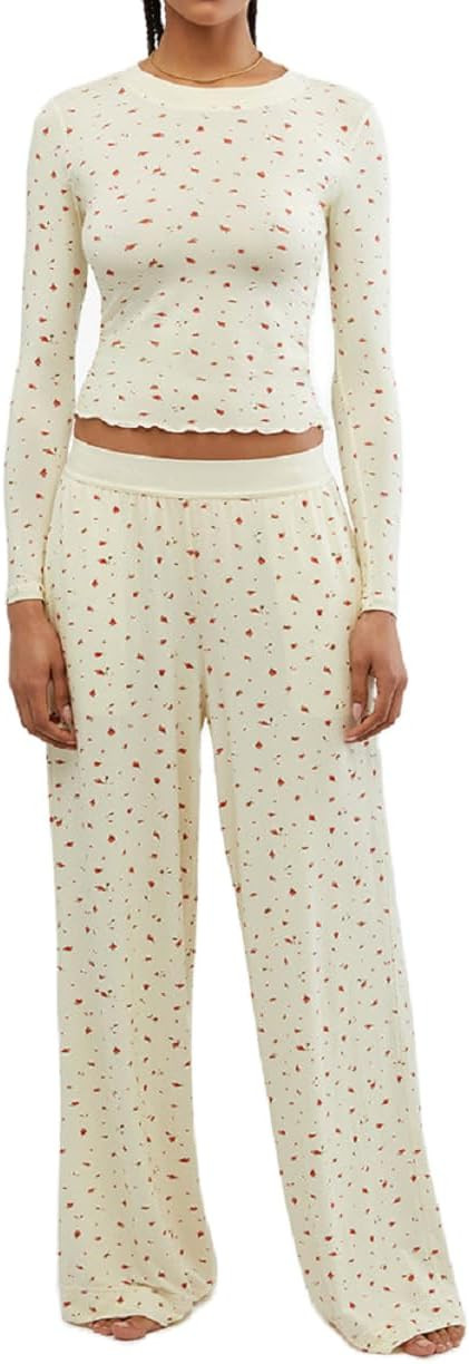 NUFIWI Women 2 Piece Pajamas Set Ruffle Long Sleeve Crop Top and Low Rise Wide Leg Pants Lounge S... | Amazon (US)