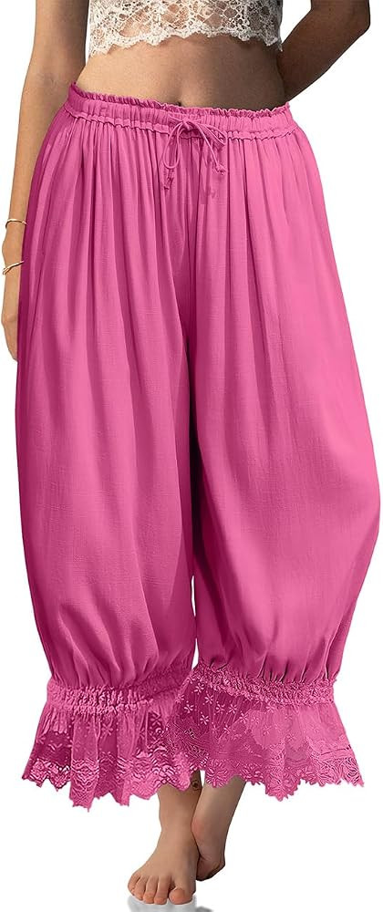 TARSE Women Linen Lace Trim Long Bloomers Pants Ruffle Victorian Vintage Pantaloons Summer Beach ... | Amazon (US)