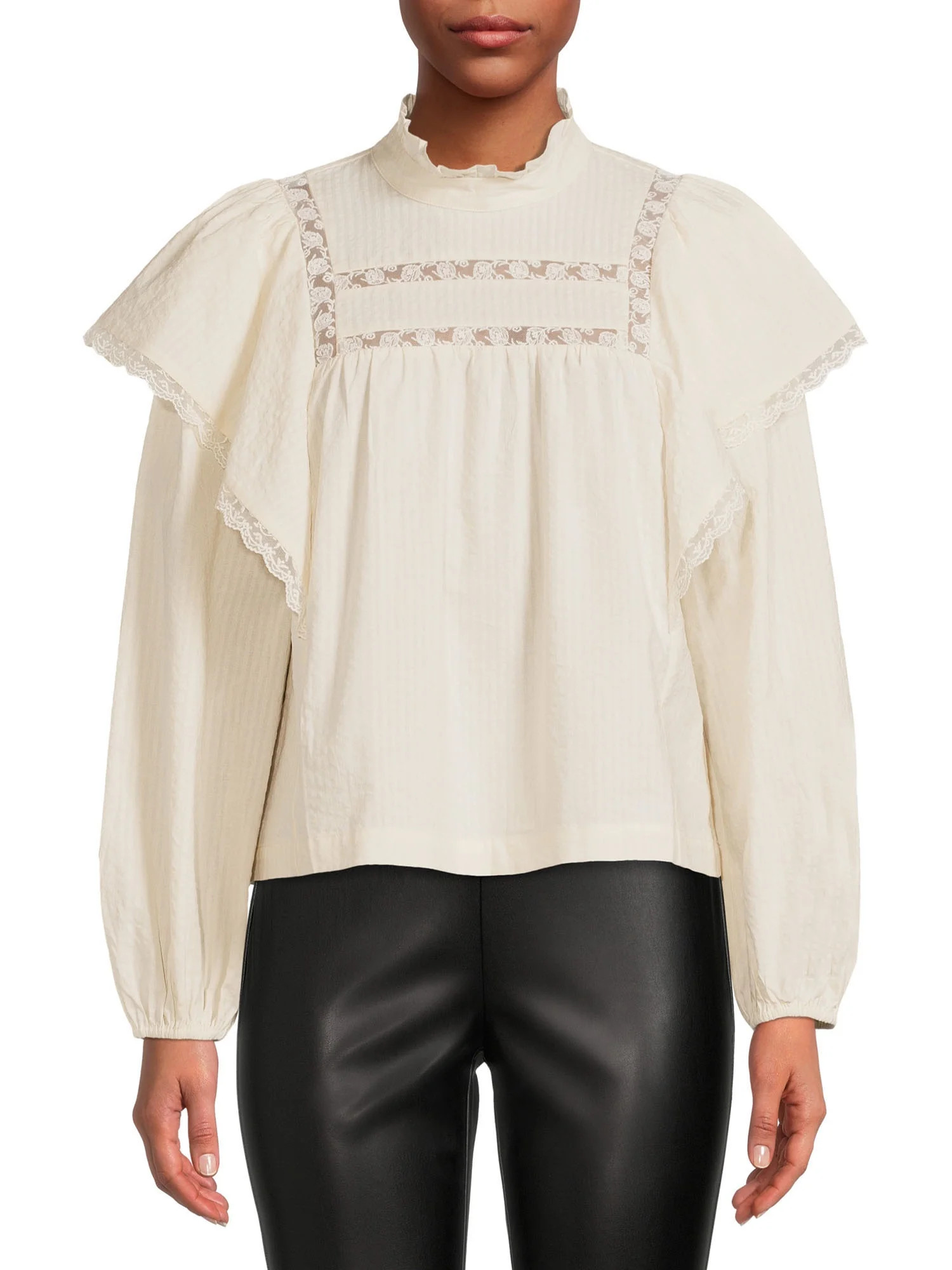 The Get Women's Long Sleeve Lace Trim Top - Walmart.com | Walmart (US)