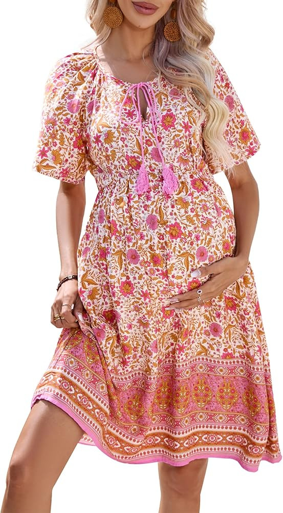 KOJOOIN Womens Maternity V Neck Floral Mini Dress Short Sleeve Boho Casual Flowy Summer Beach Dre... | Amazon (US)
