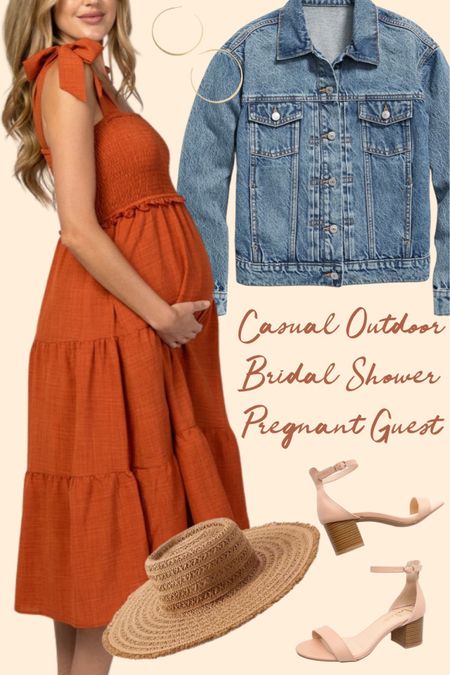 
Casual outdoor bridal shower outfit idea for the pregnant guest. This summer dress is designed to be re-worn after baby is born. Stretch your $$$.

#maternitydress #maternityclothing #bumpfriendlydress #sandals #denimjacket

#LTKstyletip #LTKbump #LTKwedding