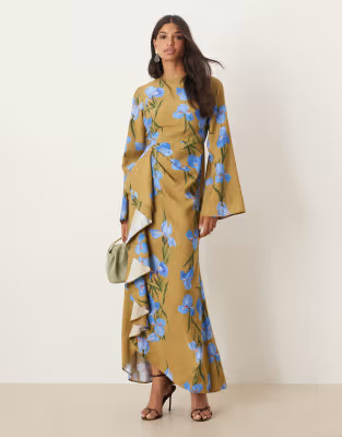 ASOS DESIGN long sleeve maxi dress with ruffle skirt in oversized green floral print | ASOS | ASOS (Global)