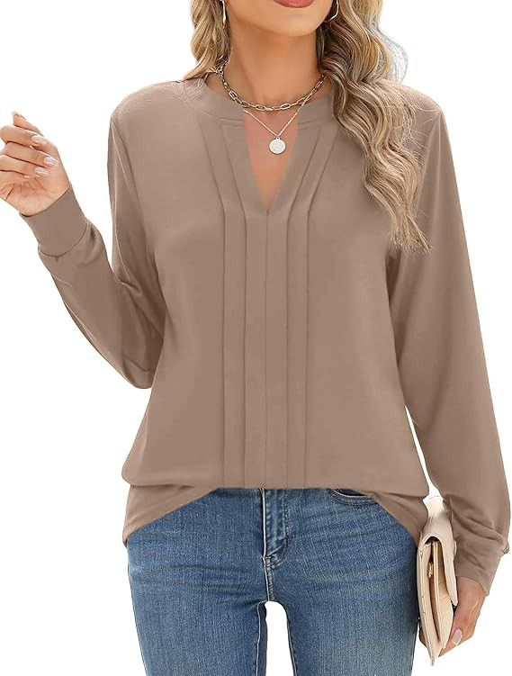 ZEAGOO Womens Spring Tops Henley V Neck Shirts Long Sleeve Pleated Blouses Dressy Casual Tunic 20... | Amazon (US)