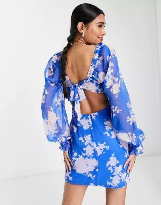 ASOS DESIGN blouson sleeve mini dress with bust detail in blue large scale floral | ASOS (Global)