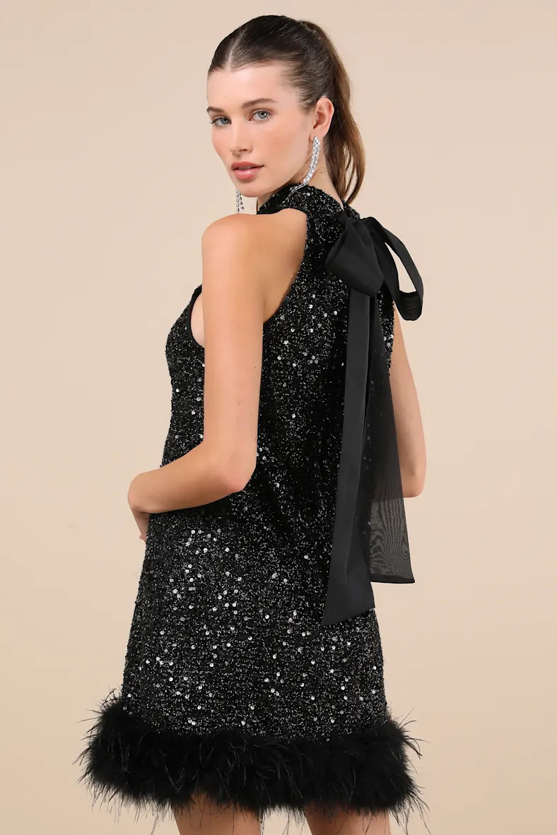 Magnetic Darling Shiny Black Sequin Feather Shift Mini Dress | Lulus