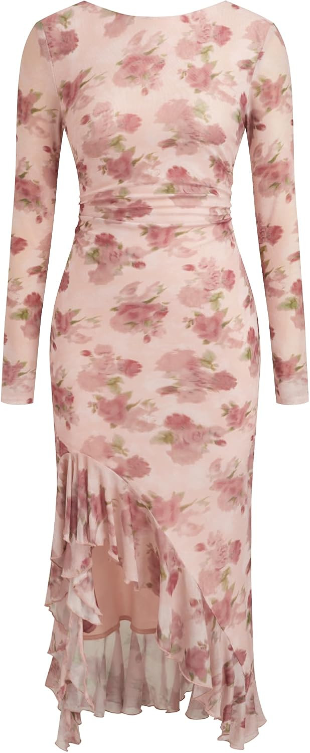 CIDER Women's Floral Bodycon Dress Ruffle Asymmetrical Hem Long Sleeve Ruched Mesh Cocktail Party Holiday Midi Dress | Amazon (US)