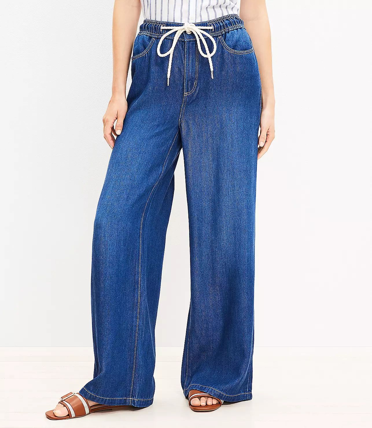 Pull On High Rise Palazzo Jeans in Dark Wash | LOFT