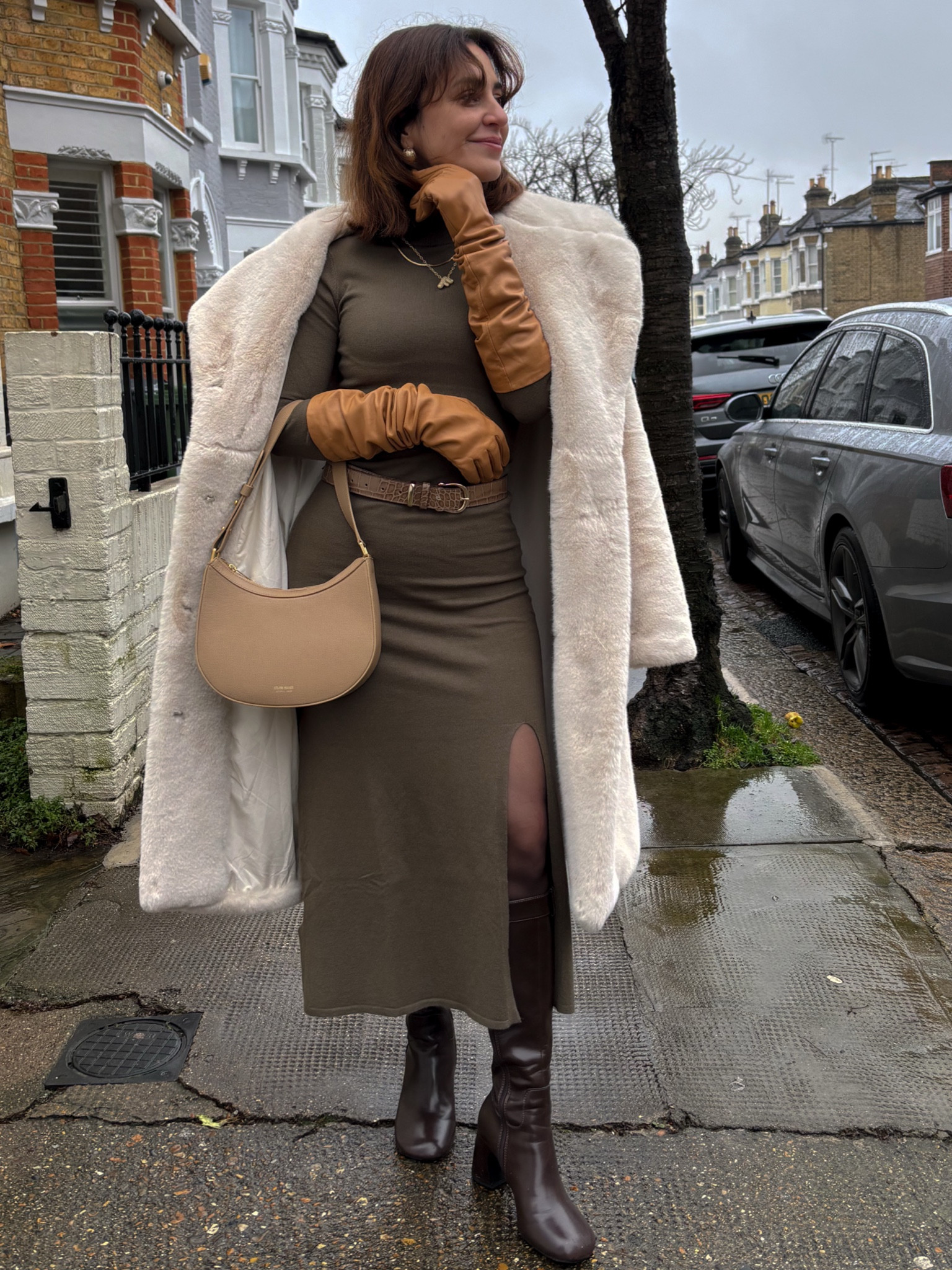 Winter colour palllet. Khaki dress, off white faux fur coat abd brown accessories 

#LTKFashionMonth #LTKwinter #LTKuk