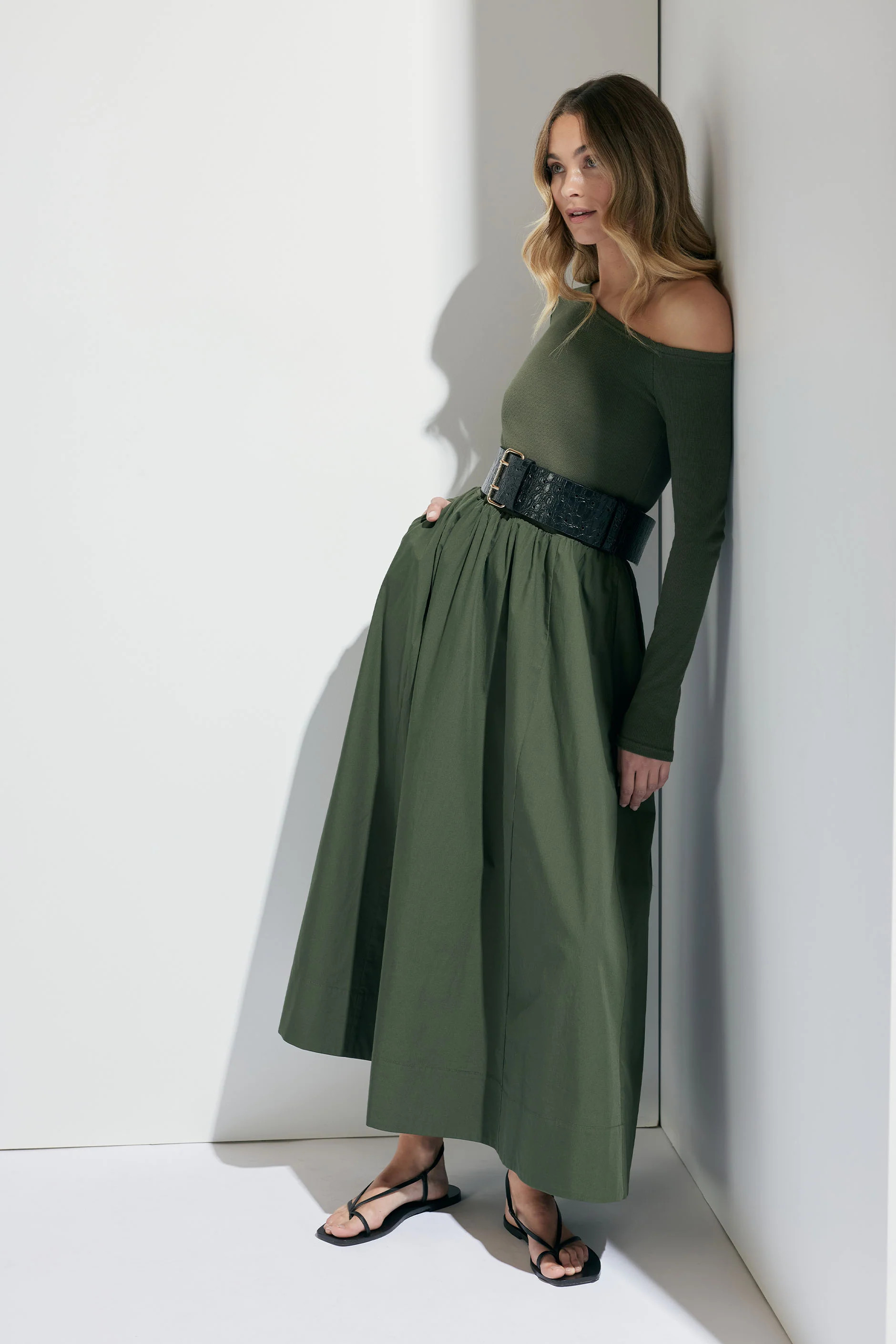Casey Spliced Midi Dress - Olive | DECJUBA