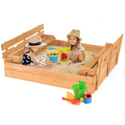 Costway Kids Large Wooden Sandbox w/Cover 2 Convertible Bench Seats for Outdoor Play | Target