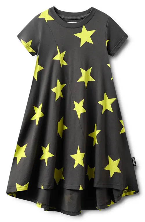 Nununu Kids' Star Print Cotton Swing Dress in Graphite Lime at Nordstrom, Size 12-14Y | Nordstrom