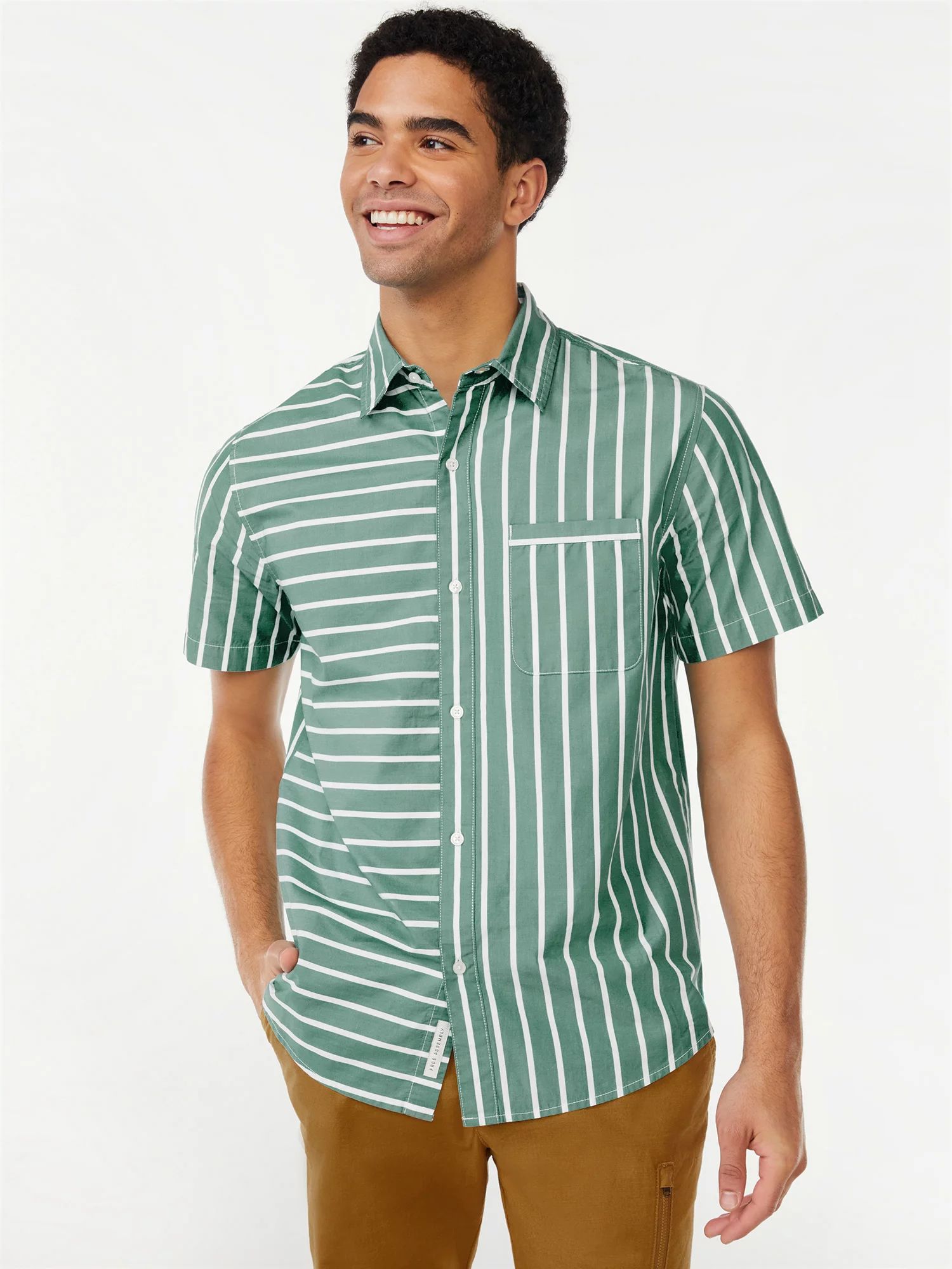 Free Assembly Men's Stripe Point Collar Shirt with Short Sleeves - Walmart.com | Walmart (US)