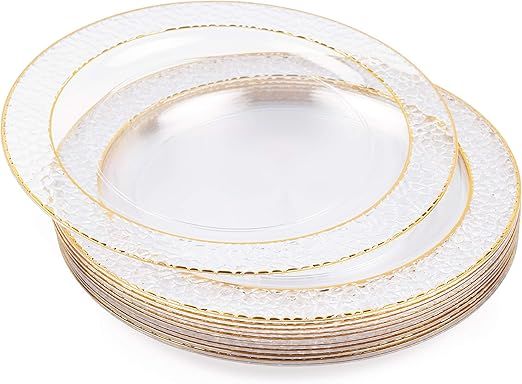 MATANA 20 Reusable 10.25 Inch Clear Plastic Party Plates Hammered Gold Rim - Premium Heavy Duty D... | Amazon (US)