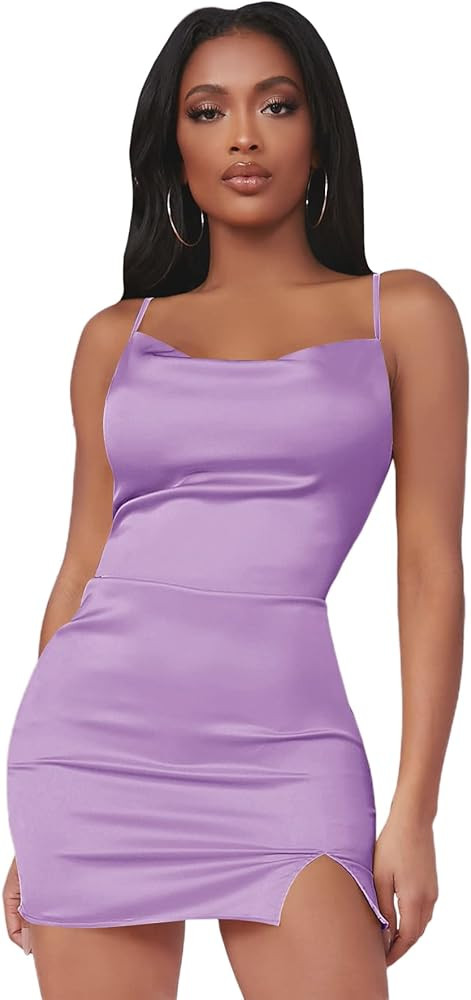 Verdusa Women's Split Hem Cowl Neck Spaghetti Strap Satin Cami Bodycon Dress | Amazon (US)