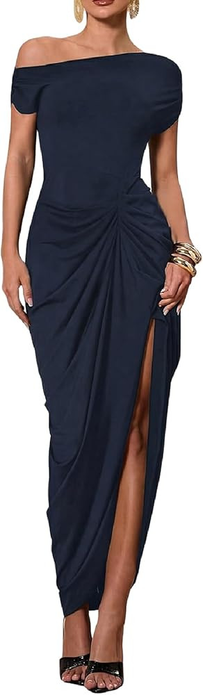 Floerns Women's Elegant Long Dress Asymmetrical Off Shoulder Ruched Slit Bodycon Cocktail Dresses | Amazon (US)
