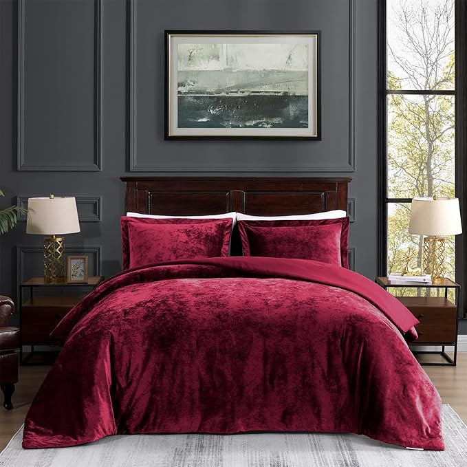 TAMGHO Crushed Velvet Maroon Burgundy King Size Comforter Set, Dark Red Luxury Soft Fluffy Beddin... | Amazon (US)